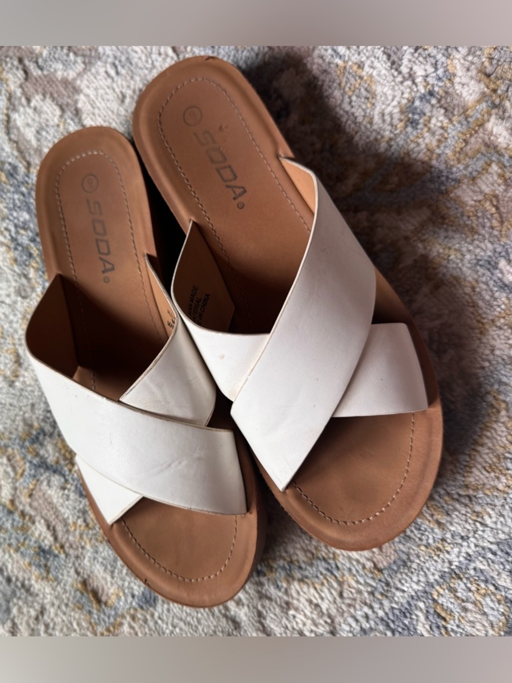 Soda White Crisscross Slide Sandals with Tan Footbed